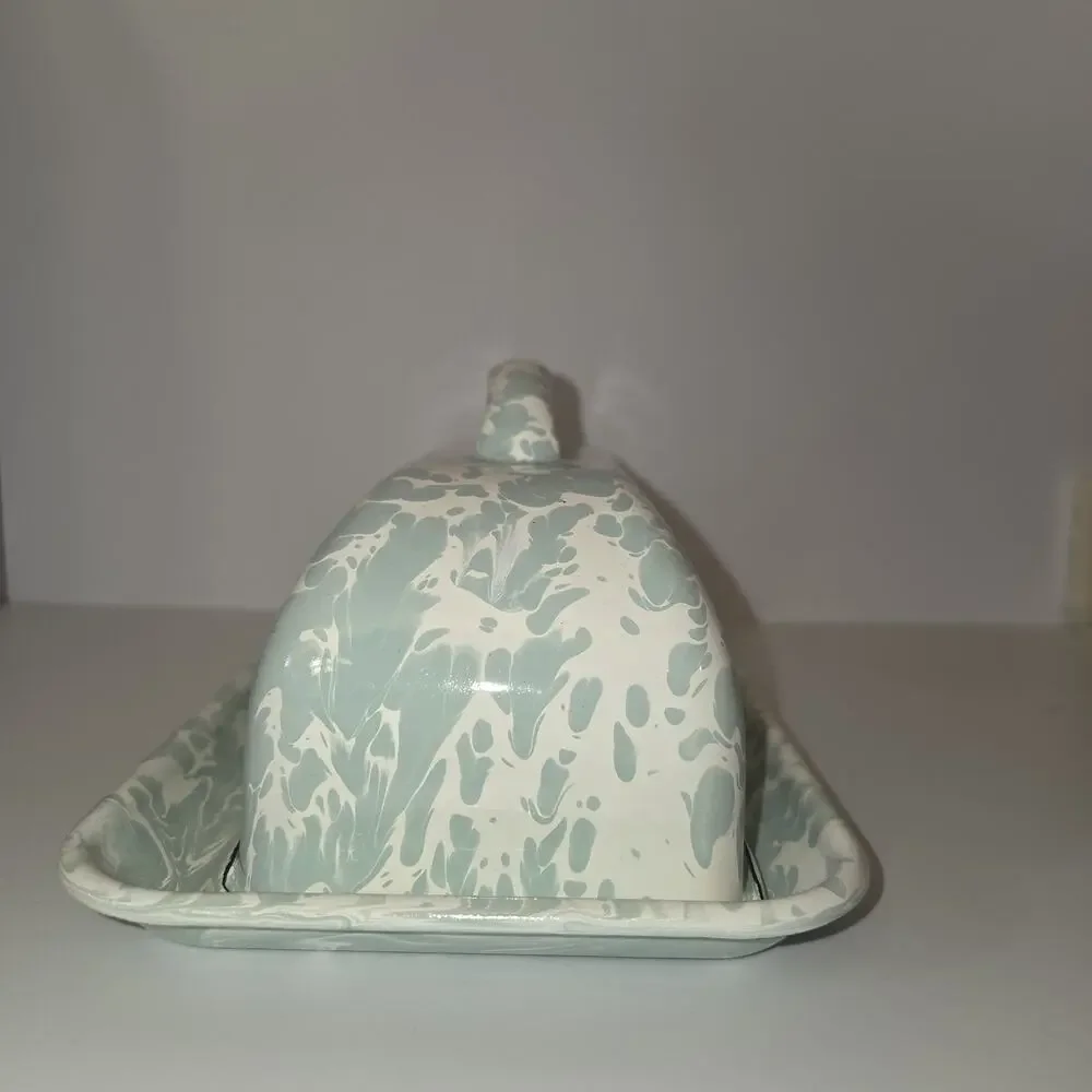 Creative Co-Op Mint Green Splatterware Enamel Covered Butter Dish Farmhouse